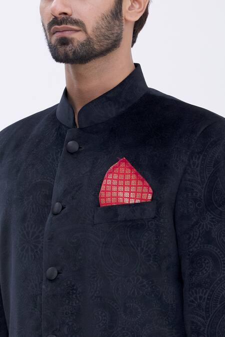 Aham-Vayam Black Cotton Velvet Paisley Motifs Embossed Bandhgala at Aza Fashions Aham-Vayam_Black Cotton Velvet Paisley Motifs Embossed Bandhgala _at_Aza_Fashions