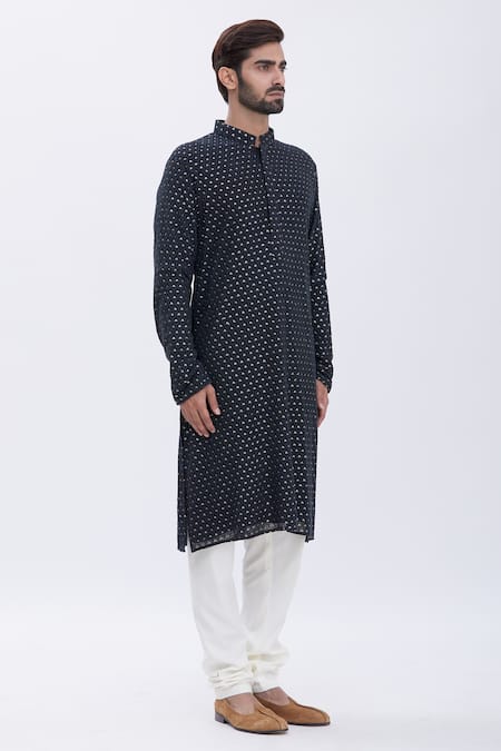 Aham-Vayam_Black Cotton Blend Embroidered Kurta And Pyjama Set _Online_at_Aza_Fashions