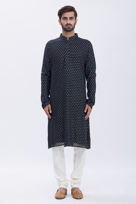 Buy_Aham-Vayam_Black Cotton Blend Embroidered Kurta And Pyjama Set _Online_at_Aza_Fashions