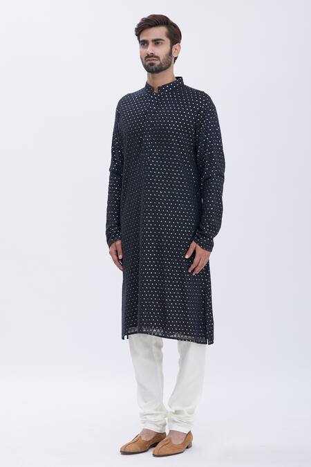 Shop_Aham-Vayam_Black Cotton Blend Embroidered Kurta And Pyjama Set _Online_at_Aza_Fashions