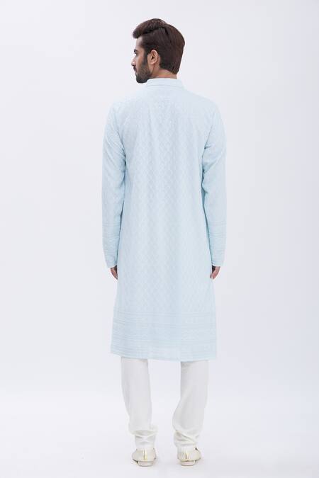Shop Aham-Vayam Blue Cotton Blend Nizam Embroidered Kurta Set at Aza Fashions Shop_Aham-Vayam_Blue Cotton Blend Nizam Embroidered Kurta Set_at_Aza_Fashions