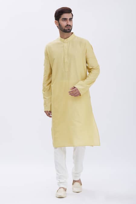 Aham-Vayam Gold Silk Blend Plain Kurta And Pyjama Set 