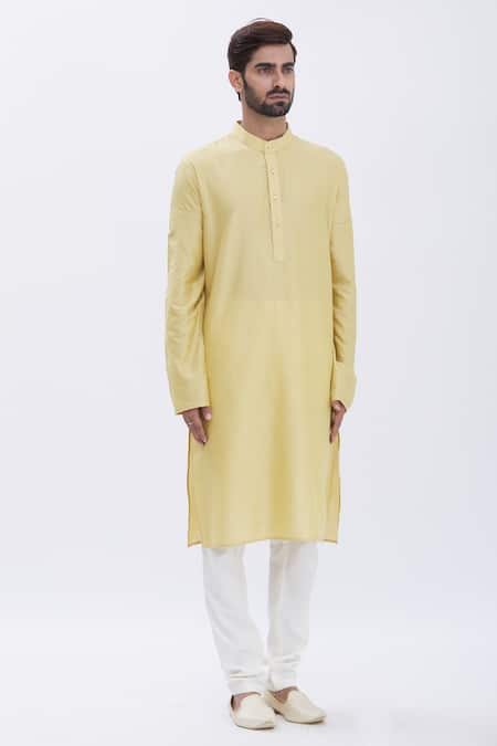 Aham-Vayam_Gold Silk Blend Kurta And Pyjama Set_Online_at_Aza_Fashions