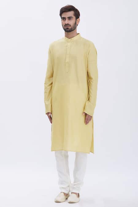 Shop_Aham-Vayam_Gold Silk Blend Kurta And Pyjama Set_Online_at_Aza_Fashions