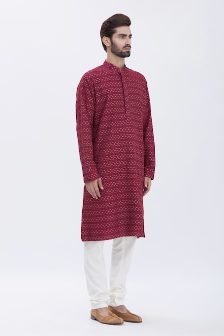 Aham-Vayam_Red Cotton Blend Sequins Embellished Kurta Set_Online_at_Aza_Fashions