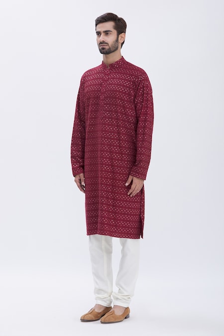 Shop_Aham-Vayam_Red Cotton Blend Sequins Embellished Kurta Set_Online_at_Aza_Fashions