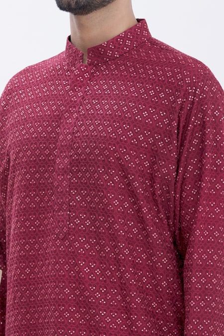 Aham-Vayam_Red Cotton Blend Sequins Embellished Kurta Set_at_Aza_Fashions