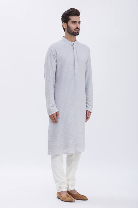 Aham-Vayam_Grey Cotton Blend Nizam Embroidered Kurta Set_Online_at_Aza_Fashions