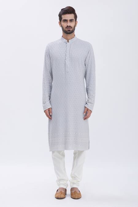 Buy_Aham-Vayam_Grey Cotton Blend Nizam Embroidered Kurta Set_Online_at_Aza_Fashions