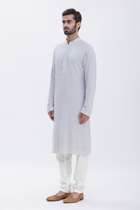 Shop_Aham-Vayam_Grey Cotton Blend Nizam Embroidered Kurta Set_Online_at_Aza_Fashions