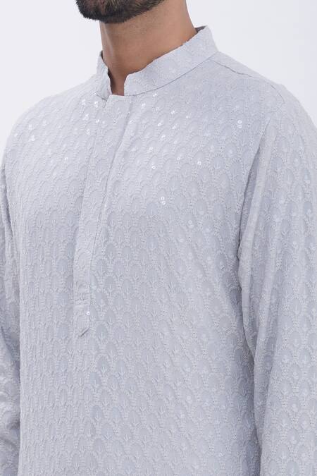 Aham-Vayam_Grey Cotton Blend Nizam Embroidered Kurta Set_at_Aza_Fashions