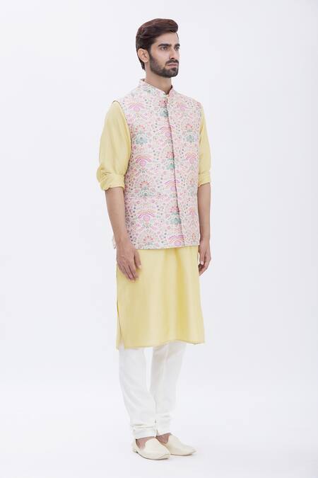 Aham-Vayam_Gold Cotton Silk Blend Floral Motifs Eden Embroidered Bundi And Kurta Set _Online_at_Aza_Fashions