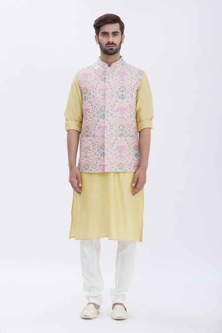 Buy_Aham-Vayam_Gold Cotton Silk Blend Floral Motifs Eden Embroidered Bundi And Kurta Set _Online_at_Aza_Fashions