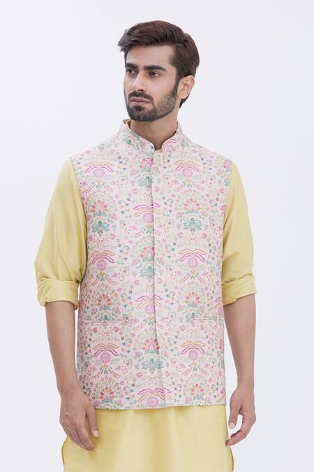 Shop_Aham-Vayam_Gold Cotton Silk Blend Floral Motifs Eden Embroidered Bundi And Kurta Set _Online_at_Aza_Fashions