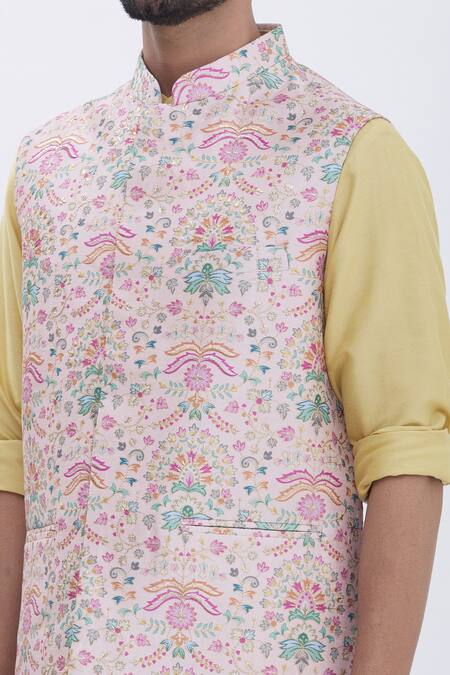 Aham-Vayam_Gold Cotton Silk Blend Floral Motifs Eden Embroidered Bundi And Kurta Set _at_Aza_Fashions