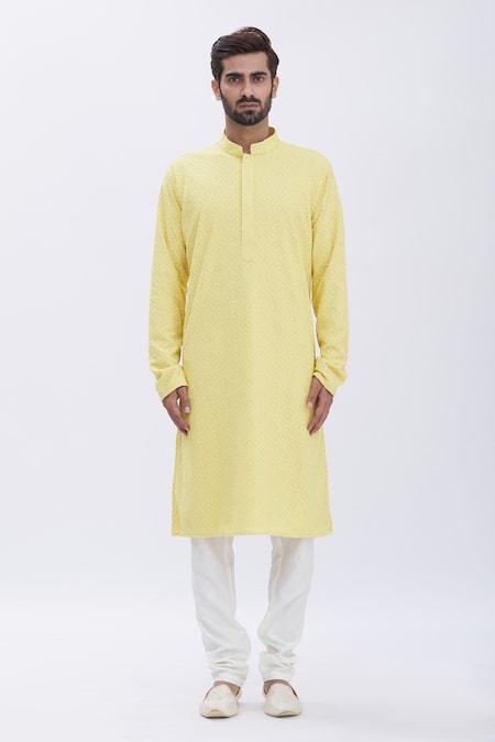 Aham-Vayam_Yellow Cotton Blend Thread Work Embroidered Kurta And Pyjama Set _Online_at_Aza_Fashions