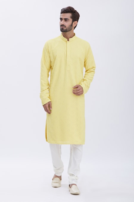 Buy_Aham-Vayam_Yellow Cotton Blend Thread Work Embroidered Kurta And Pyjama Set _Online_at_Aza_Fashions