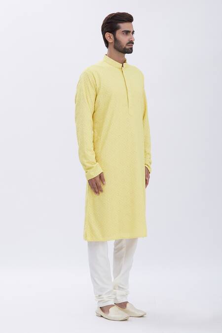 Shop_Aham-Vayam_Yellow Cotton Blend Thread Work Embroidered Kurta And Pyjama Set _Online_at_Aza_Fashions