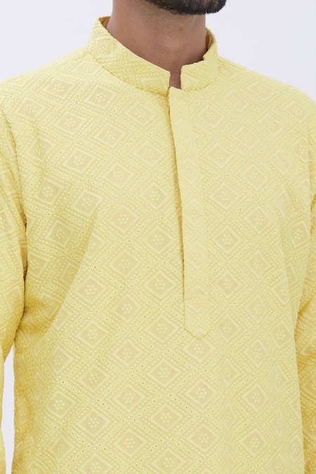 Aham-Vayam_Yellow Cotton Blend Thread Work Embroidered Kurta And Pyjama Set _at_Aza_Fashions