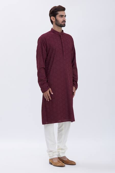 Aham-Vayam_Maroon Cotton Blend Thread Work Embroidered Kurta Set_Online_at_Aza_Fashions