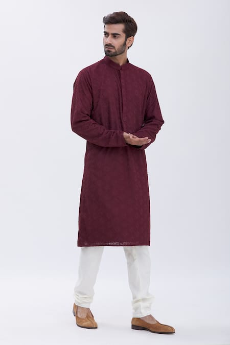Buy_Aham-Vayam_Maroon Cotton Blend Thread Work Embroidered Kurta Set_Online_at_Aza_Fashions