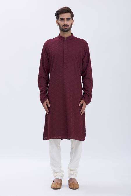 Shop_Aham-Vayam_Maroon Cotton Blend Thread Work Embroidered Kurta Set_Online_at_Aza_Fashions