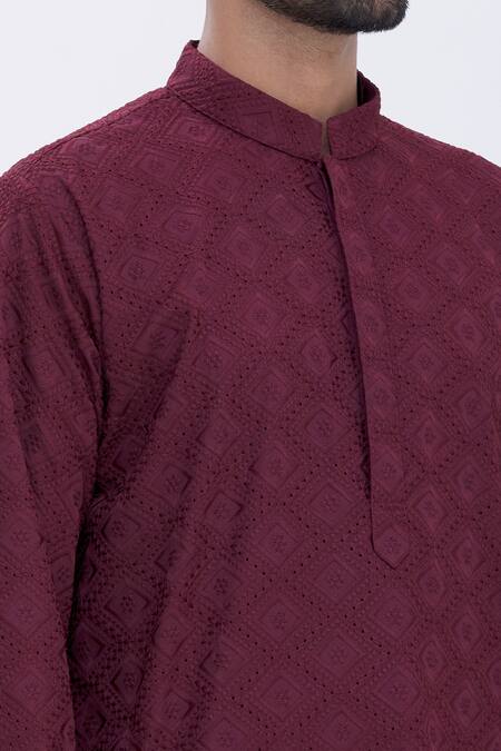 Aham-Vayam_Maroon Cotton Blend Thread Work Embroidered Kurta Set_at_Aza_Fashions