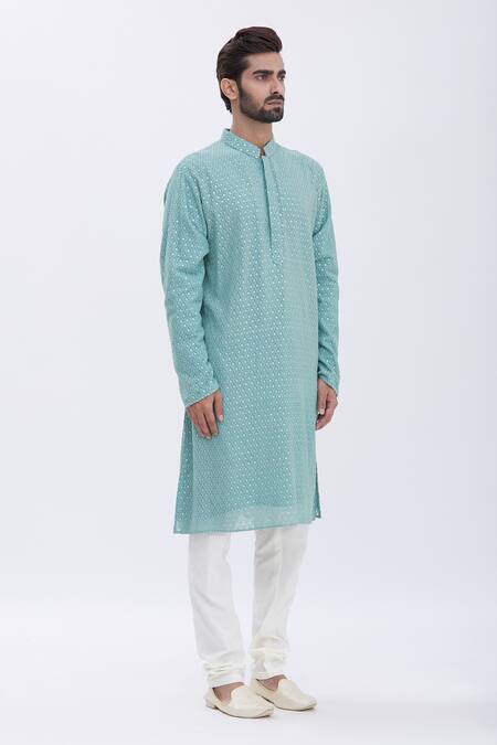 Aham-Vayam_Green Cotton Blend Sequins Embellished Kurta Set_Online_at_Aza_Fashions