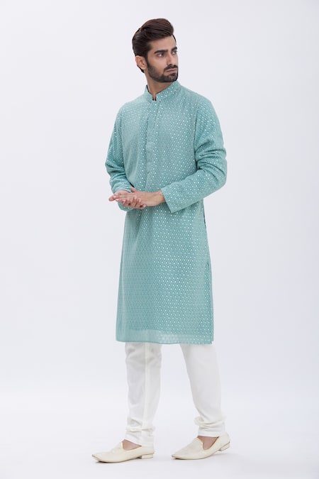 Buy_Aham-Vayam_Green Cotton Blend Sequins Embellished Kurta Set_Online_at_Aza_Fashions