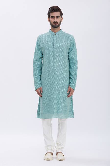 Shop_Aham-Vayam_Green Cotton Blend Sequins Embellished Kurta Set_Online_at_Aza_Fashions