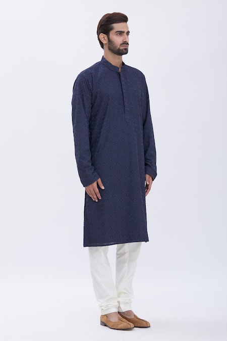 Aham-Vayam_Blue Cotton Blend Thread Work Embroidered Kurta Pyjama Set _Online_at_Aza_Fashions