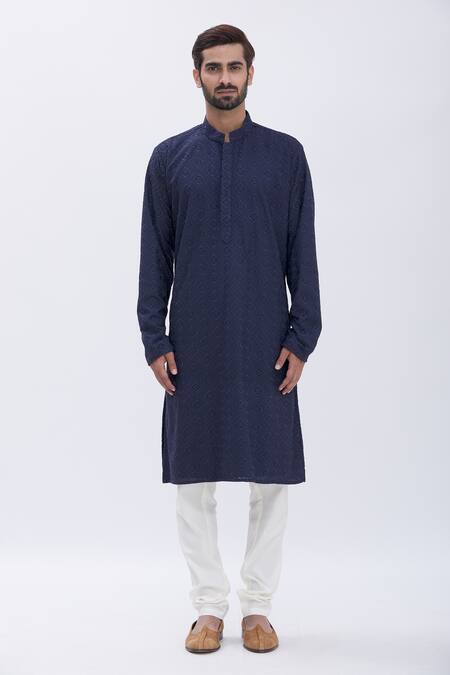 Shop_Aham-Vayam_Blue Cotton Blend Thread Work Embroidered Kurta Pyjama Set _Online_at_Aza_Fashions