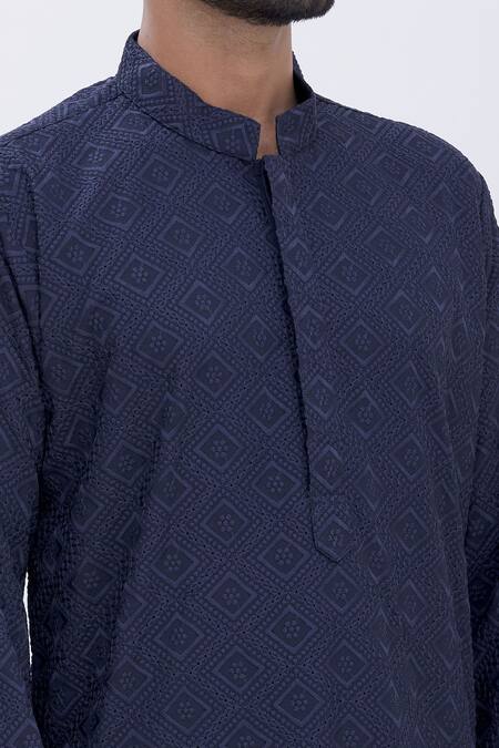 Aham-Vayam_Blue Cotton Blend Thread Work Embroidered Kurta Pyjama Set _at_Aza_Fashions