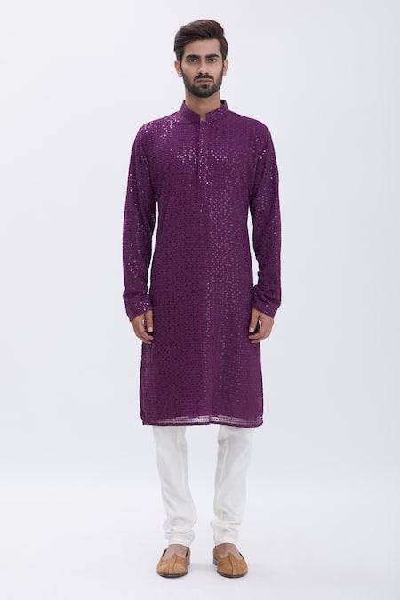 Aham-Vayam_Purple Cotton Sequins Embroidered Kurta Set For Kids_Online_at_Aza_Fashions