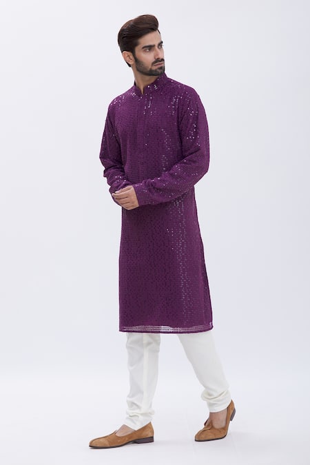 Buy_Aham-Vayam_Purple Cotton Sequins Embroidered Kurta Set For Kids_Online_at_Aza_Fashions