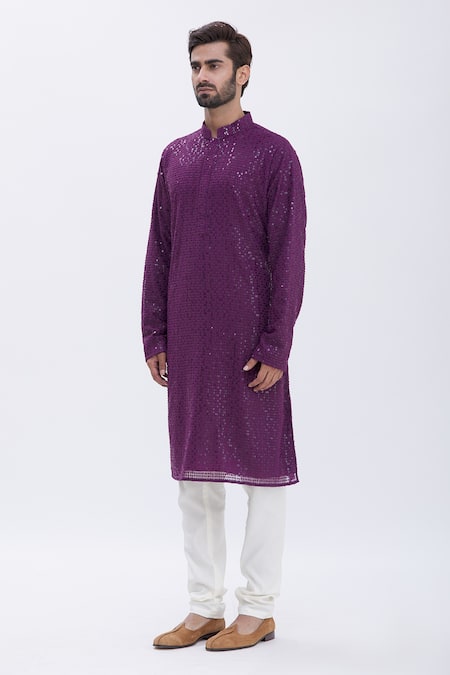 Shop_Aham-Vayam_Purple Cotton Sequins Embroidered Kurta Set For Kids_Online_at_Aza_Fashions