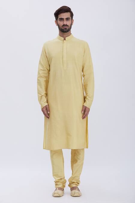 Aham-Vayam_Gold Silk Blend Kurta And Pyjama Set_Online_at_Aza_Fashions