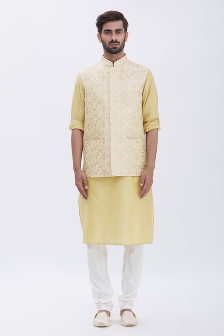 Aham-Vayam_Beige Cotton Silk Blend Leaf Motifs Embroidered Bundi And Kurta Set_Online_at_Aza_Fashions