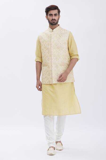 Buy_Aham-Vayam_Beige Cotton Silk Blend Leaf Motifs Embroidered Bundi And Kurta Set_Online_at_Aza_Fashions