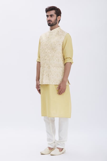 Shop_Aham-Vayam_Beige Cotton Silk Blend Leaf Motifs Embroidered Bundi And Kurta Set_Online_at_Aza_Fashions