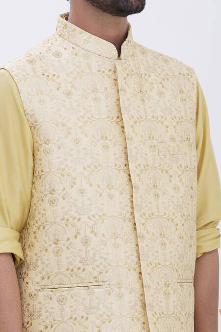 Aham-Vayam_Beige Cotton Silk Blend Leaf Motifs Embroidered Bundi And Kurta Set_at_Aza_Fashions