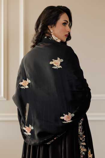 Shop Paulmi And Harsh Black Anarkali And Palazzo Cotton Silk Dupatta Organza Set With Embroidered at Aza Fashions Shop_Paulmi And Harsh_Black Anarkali And Palazzo Cotton Silk Dupatta Organza Set With Embroidered _at_Aza_Fashions
