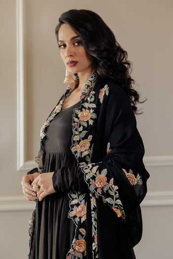 Shop Paulmi And Harsh Black Anarkali And Palazzo Cotton Silk Dupatta Organza Set With Embroidered Online at Aza Fashions Shop_Paulmi And Harsh_Black Anarkali And Palazzo Cotton Silk Dupatta Organza Set With Embroidered _Online_at_Aza_Fashions