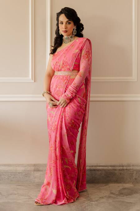 Paulmi And Harsh_Pink Georgette Chintz One Shoulder Printed Pre-draped Saree With Blouse_Online_at_Aza_Fashions