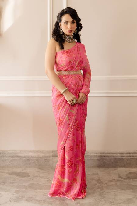 Buy_Paulmi And Harsh_Pink Georgette Chintz One Shoulder Printed Pre-draped Saree With Blouse_Online_at_Aza_Fashions