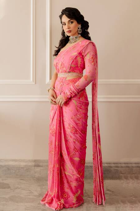 Shop_Paulmi And Harsh_Pink Georgette Chintz One Shoulder Printed Pre-draped Saree With Blouse_Online_at_Aza_Fashions