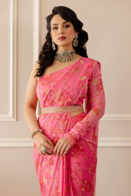 Paulmi And Harsh_Pink Georgette Chintz One Shoulder Printed Pre-draped Saree With Blouse_at_Aza_Fashions