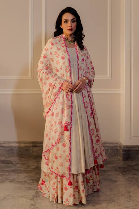 Buy_Paulmi And Harsh_White Anarkali And Skirt Cotton Silk Dupatta Printed Lehenga With Set _Online_at_Aza_Fashions