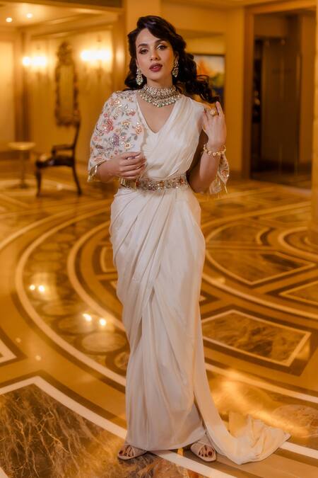 Paulmi And Harsh_White Saree And Blouse Crepe Cape Cotton Silk Floral Pre-stitched Set With_Online_at_Aza_Fashions