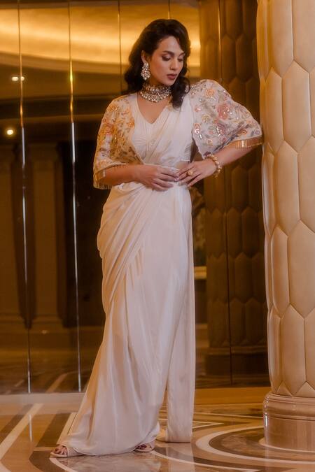 Buy_Paulmi And Harsh_White Saree And Blouse Crepe Cape Cotton Silk Floral Pre-stitched Set With_Online_at_Aza_Fashions